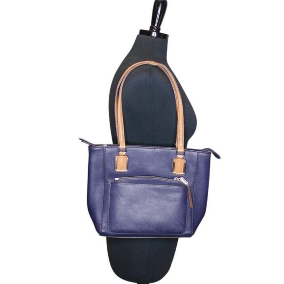 Nine West Shoulder Bag Purse Blue Brown Classic Vegan Minimalist - Picture 1 of 4